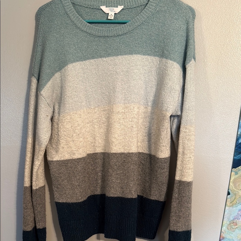 Time and Tru Colorblock Crew Neck Sweater Blue and Cream